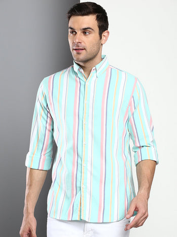 Men's Striped Green Slim Fit Oxford Cotton Casual Shirt With Button Down Collar & Full Sleeves (C9031_Green_S)