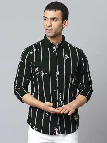 Men's Striped Bottle Green Slim Fit Cotton Casual Shirt