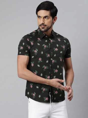 Men's Floral Slimfit Half Sleeves Spread Collar Shirt (Green)