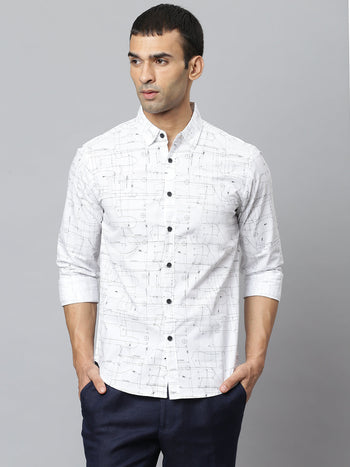 Men's Spread Collar Geometric Print Slim Fit Fulll Sleves Shirts (White)