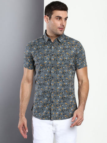 Men's Floral Grey Slim Fit Cotton Casual Shirt With Spread Collar & Half Sleeves