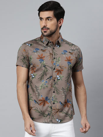 Men's Cotton Floral Print Green Slim Fit Casual Shirt