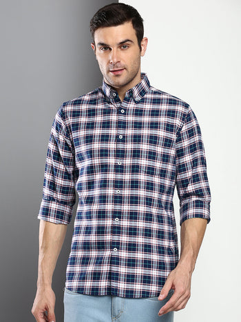 Men's Checkered Navy Slim Fit Oxford Cotton Casual Shirt With Button Down Collar & Full Sleeves (C4103_Navy_S)