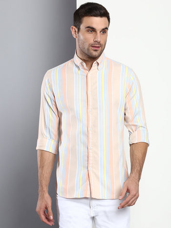 Men's Striped Beige Slim Fit Cotton Casual Shirt With Button Down Collar & Full Sleeves