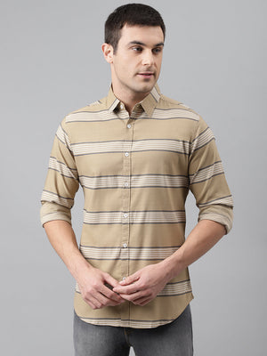 Dennis Lingo Men's Stripes Brown Slim Fit Cotton Casual Shirt