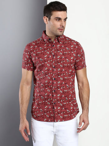 Men's Floral Pink Slim Fit Cotton Casual Shirt With Spread Collar & Half Sleeves