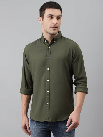 Men's Solid Olive Slim Fit Cotton Casual Shirt