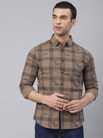 Men's Big Checks Spread Collar Full Sleeves Slim Shirts (Brown)