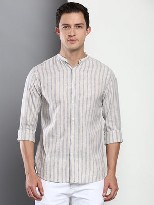 Dennis Lingo Men's Stripes Fawn Slim Fit Linen Casual Shirt With Mandarin Collar & Full Sleeves