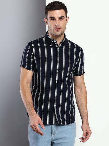 Men's Striped Navy Slim Fit Cotton Casual Shirt With Spread Collar & Half Sleeves