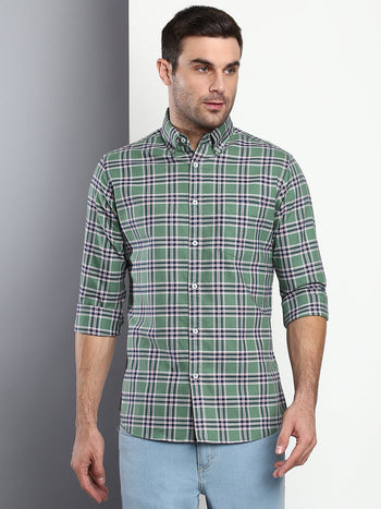 Men's Plaid Green Slim Fit Cotton Casual Shirt With Button Down Collar & Full Sleeves