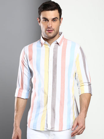 Men's Striped Orange Slim Fit Oxford Cotton Casual Shirt With Spread Collar & Full Sleeves