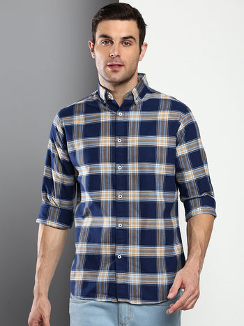 Men's Checkered Navy Slim Fit Oxford Cotton Casual Shirt With Button Down Collar & Full Sleeves (C4105_Navy_S)