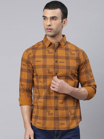 Men's Big Checks Spread Collar Full Sleeves Slim Shirts (Rust)