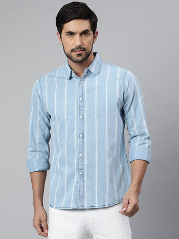 Men's Striped Blue Slim Fit Shirt (Blue)