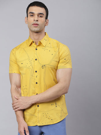 Men's Floral Print Yellow Slim Fit Cotton Casual Shirt