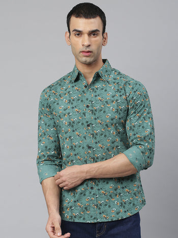 Men's Floral Print Green Slim Fit Cotton Casual Shirt