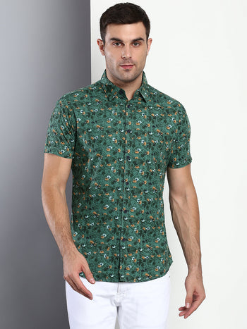 Men's Floral Green Slim Fit Cotton Casual Shirt With Spread Collar & Half Sleeves