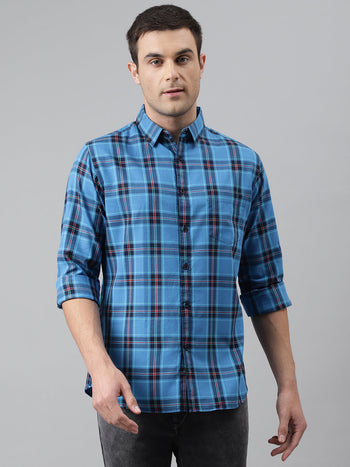 Men's Checkered Blue Slim Fit Cotton Casual Shirt