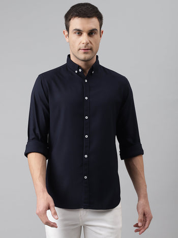 Men's Solid Navy Slim Fit Cotton Casual Shirt