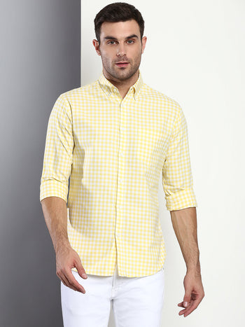 Men's Checkered Lemon Slim Fit Cotton Casual Shirt With Button Down Collar & Full Sleeves