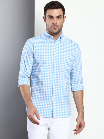 Men's Checkered Blue Slim Fit Cotton Casual Shirt With Button Down Collar & Full Sleeves