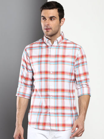 Men's Checkered Red Slim Fit Oxford Cotton Casual Shirt With Button Down Collar & Full Sleeves (C4104_Red_S)