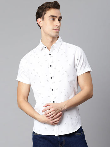 Men's Floral Print White Slim Fit Shirt (White)