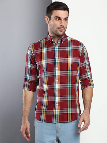 Men's Plaid Maroon Slim Fit Cotton Casual Shirt With Button Down Collar & Full Sleeves