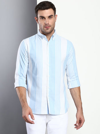 Men's Striped Sky Blue Slim Fit Cotton Casual Shirt With Button Down Collar & Full Sleeves