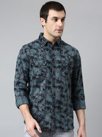 Men's Slim Fit Full Sleeves Spread Collar Printed Cotton Casual Shirt With Two Flap Pocket