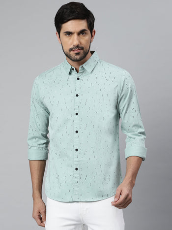 Men's Geometric Printed Slim Fit Spread Shirt (Green)