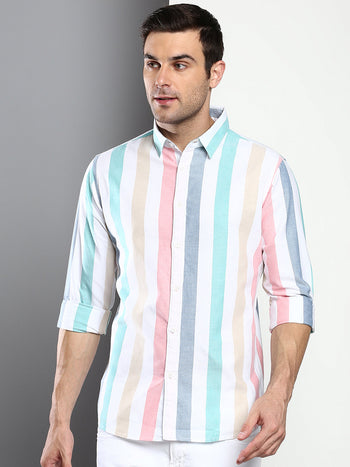 Men's Striped Teal Slim Fit Oxford Cotton Casual Shirt With Spread Collar & Full Sleeves