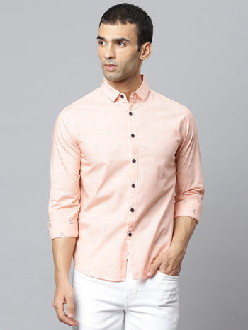 Men's Self Design Spread Collar Slim Fit Shirts (Peach)