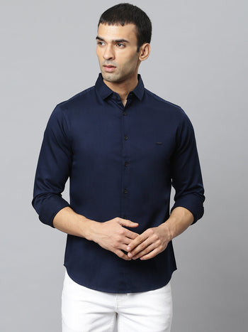 Men's Solid Navy Slim Fit Cotton Casual Shirt