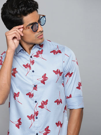 Men's Printed Sky Blue Slim Fit Cotton Casual Shirt