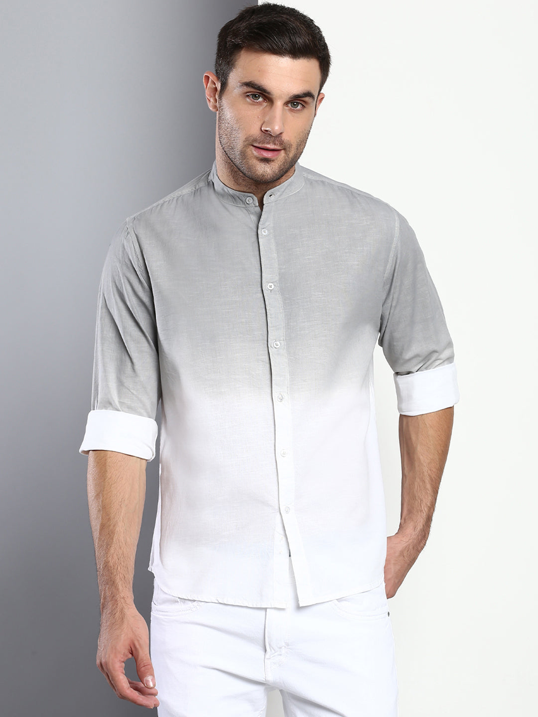 Dennis Lingo Men's Ombre Slate Slim Fit Cotton Casual Shirt With Manda ...