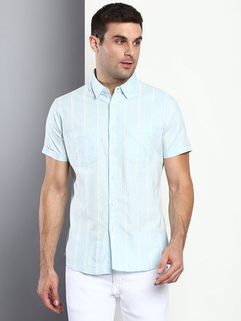 Men's Striped Sky Blue Slim Fit Cotton Casual Shirt With Spread Collar & Half Sleeves