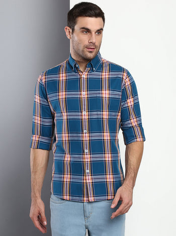 Men's Plaid Peacock Slim Fit Cotton Casual Shirt With Button Down Collar & Full Sleeves