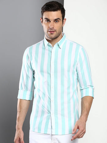 Men's Striped Mint Slim Fit Oxford Cotton Casual Shirt With Spread Collar & Full Sleeves (C9038_Mint_S)