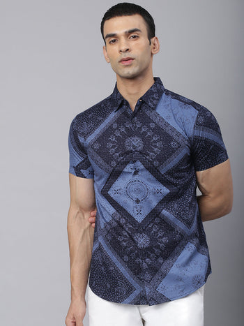 Men's Printed Navy Slim Fit Cotton Casual Shirt