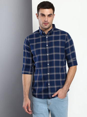 Men's Checkered Navy Slim Fit Cotton Casual Shirt With Spread Collar & Full Sleeves