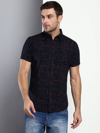 Men's Geometric Print Navy Slim Fit Cotton Casual Shirt With Spread Collar & Half Sleeves