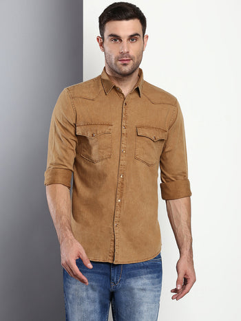 Men's Solid Brown Slim Fit Cotton Casual Shirt With Spread Collar & Full Sleeves