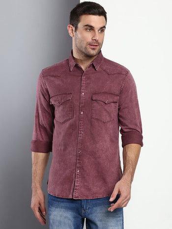 Men's Solid Wine Slim Fit Cotton Casual Shirt With Spread Collar & Full Sleeves