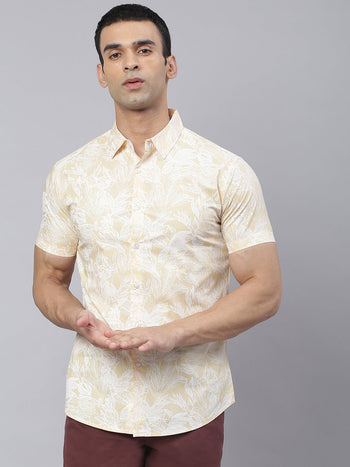 Men's Floral Print Yellow Slim Fit Cotton Casual Shirt