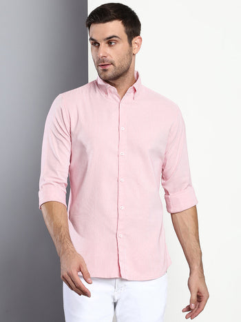 Men's Striped Pink Slim Fit Cotton Casual Shirt With Button Down Collar & Full Sleeves