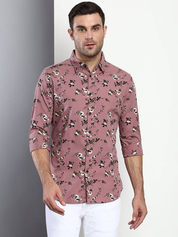 Men's Floral Dusty Purple Slim Fit Cotton Casual Shirt With Spread Collar & Full Sleeves