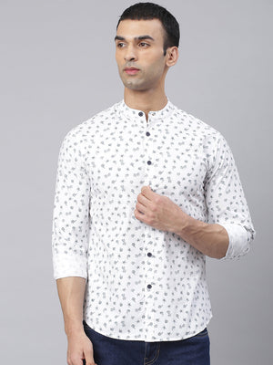 Dennis Lingo Men's Floral Prints Slim Fit Mandarin Full Sleeves Shirt (White)
