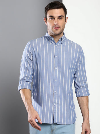 Men's Striped Blue Slim Fit Oxford Cotton Casual Shirt With Button Down Collar & Full Sleeves (C9040_Blue_S)